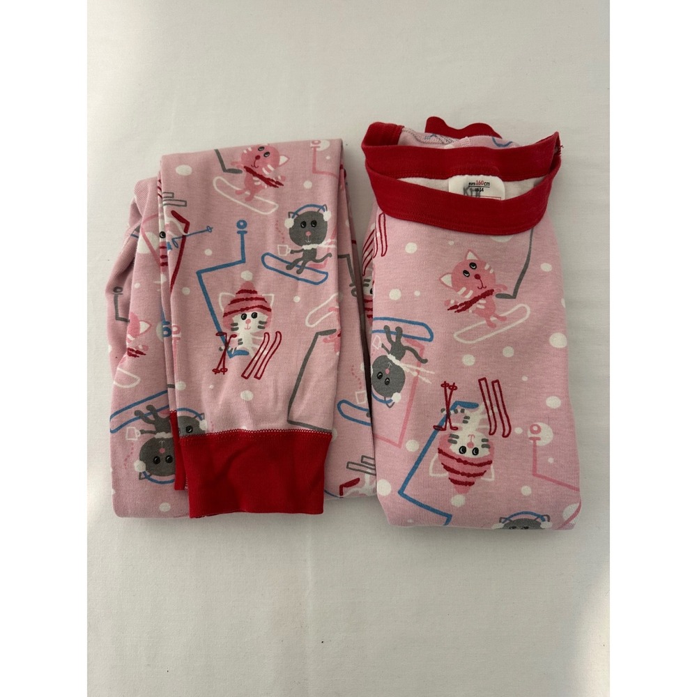Hanna Andersson Kids Pink Skiing Cats Organic Cotton Pajama Set Size 14 160cm